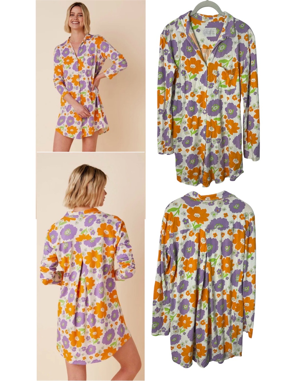 The Cats Popping Pansies Pima Knit Night pajama Shirt Floral Size S‎